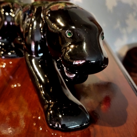 20" Black Crawling Panther Green Eyes Ceramic Figurine Art Deco - Picture 2 of 11